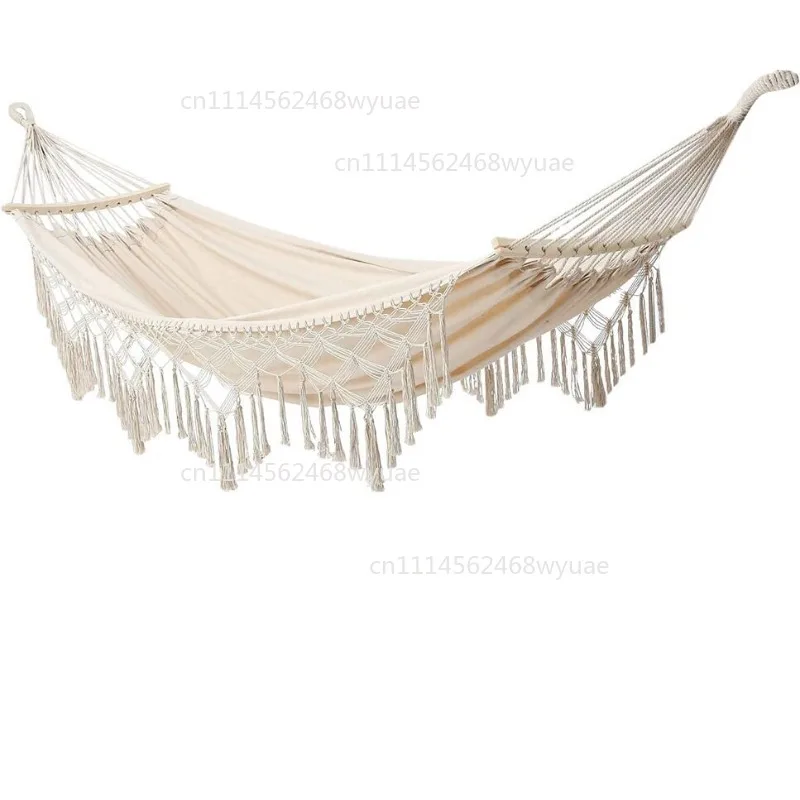 Outdoor Hammock Cotton Rope Hammock for Indoor Camping Hanging Chair with Tassel Bend Bar Portable