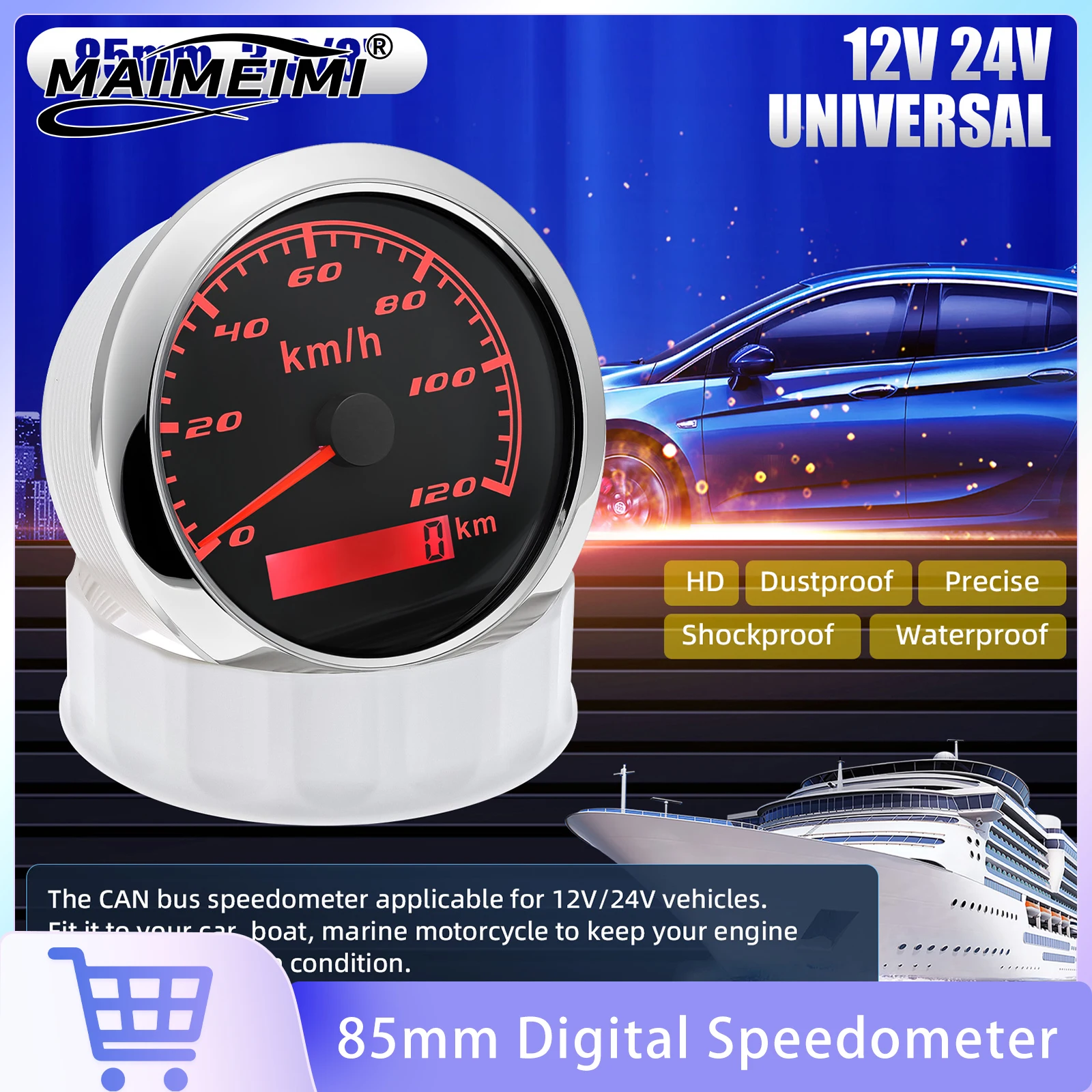 85mm Digital Speedometer CAN 0-120KMH Speed Gauge With RED Backlight Waterproof Speed Instrument For Marine Boat Car Yacht