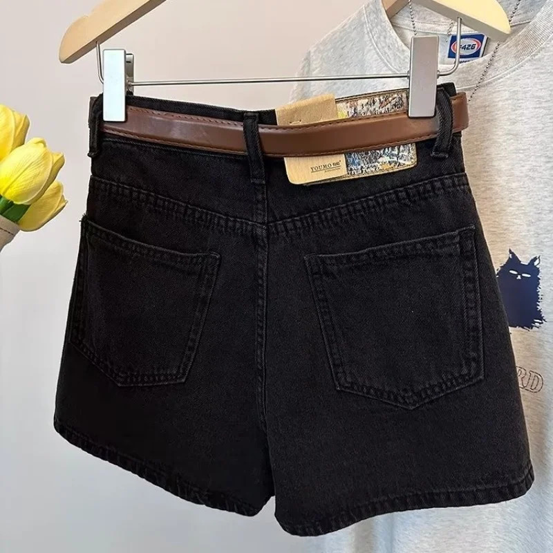 Women's Summer Loose Denim Shorts Fashion High Waisted Pocket A-line Slim Wide Leg Jeans Shorts Without Belt