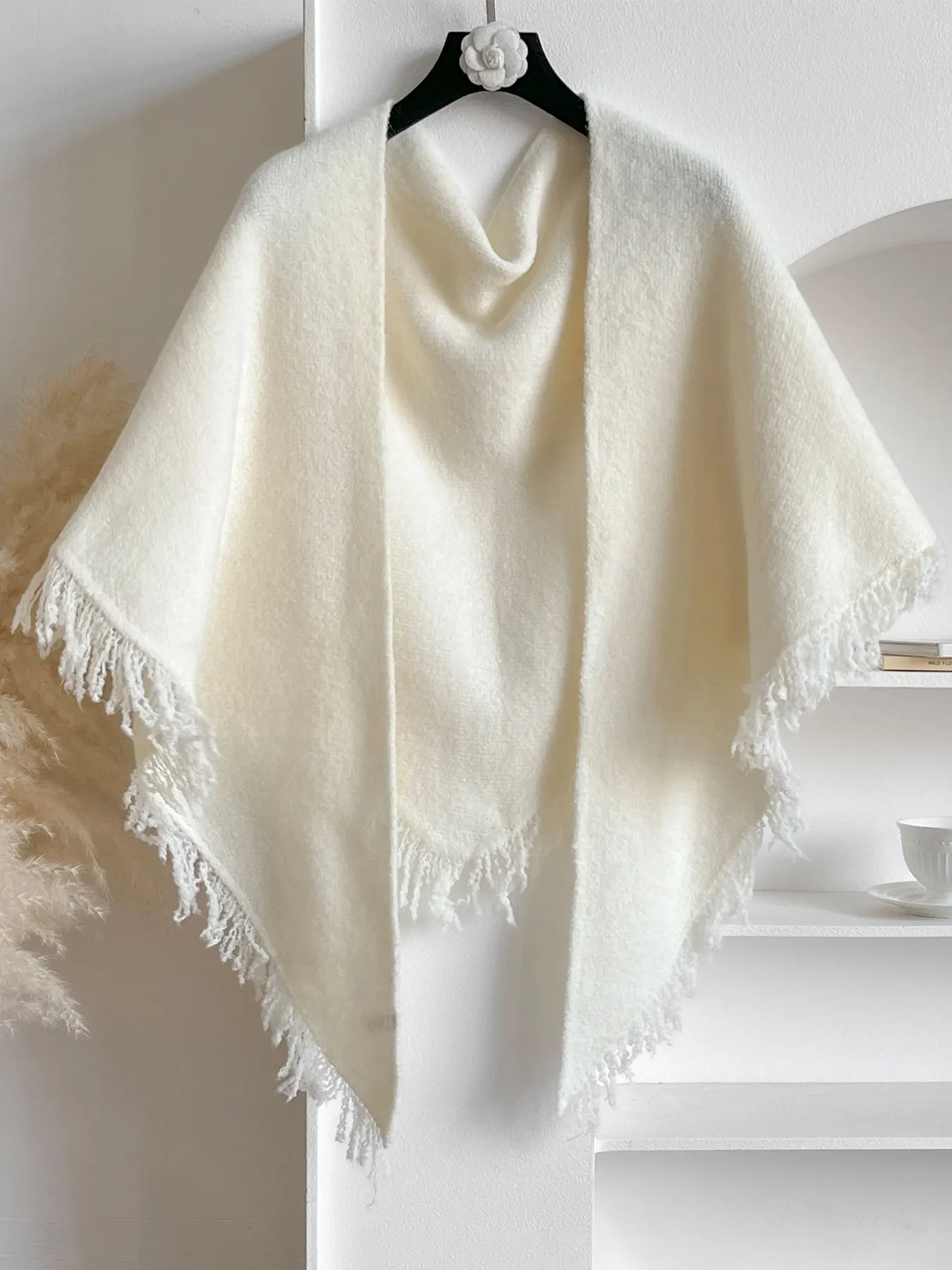 Solid Color Tassel Triangle Shawl, Soft Knit Open Front Poncho Cape, Warm Fringed Shoulder Wrap for Women Fall Winter Daily Wear
