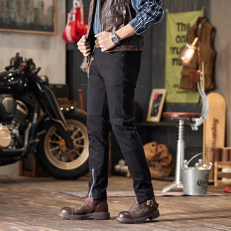 Motorcycle Jeans Men's Tight Stretch Casual Street Zipper Design Fashionable High-End Slim Fit Skinny Black Trousers