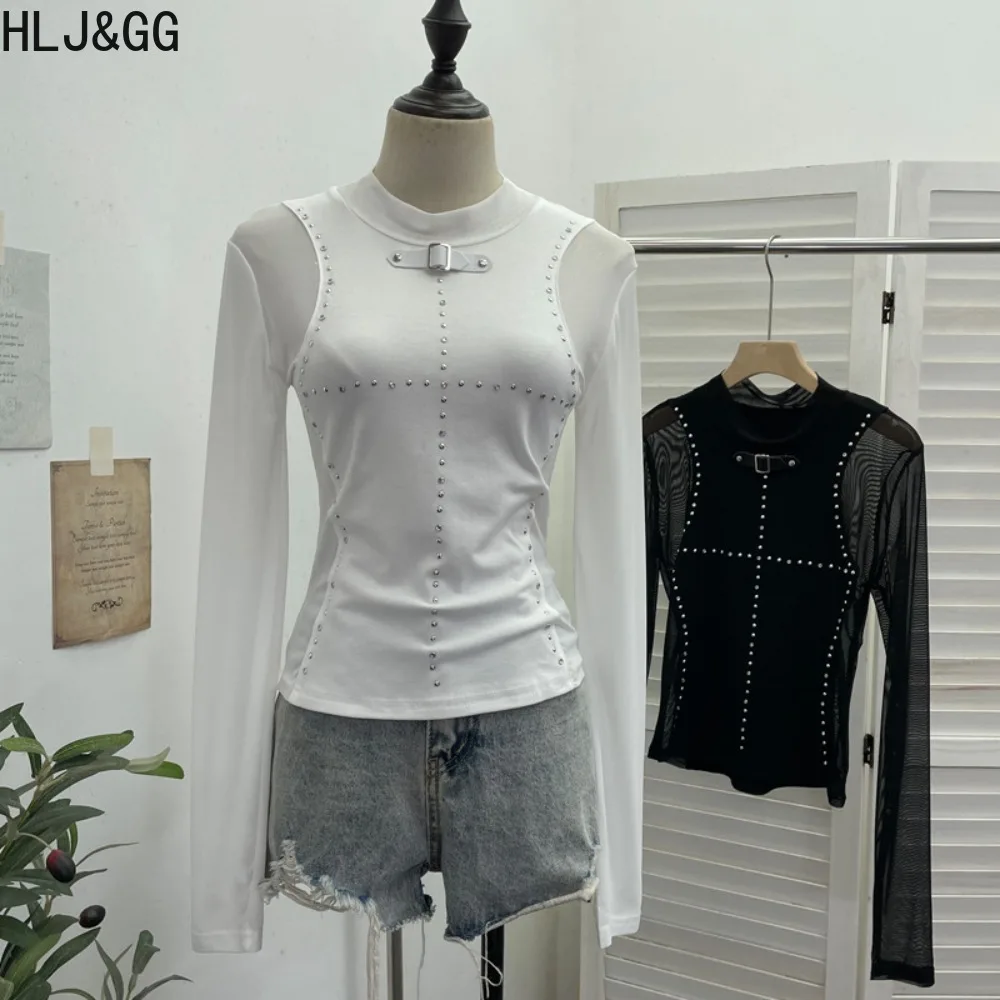 HLJ & GG-Camiseta Punk gótica Sexy de malla con diamantes de imitación para mujer, camiseta de manga larga de Color sólido, ropa de calle femenina