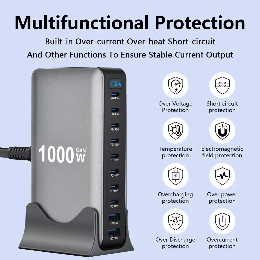 1000W/950W/880W/810W GaN Charger USB C Fast Desktop 10-port USB Type C PD3.1 Charger Fast Charging for iPhone Samsung Xiaomi - náhled 5