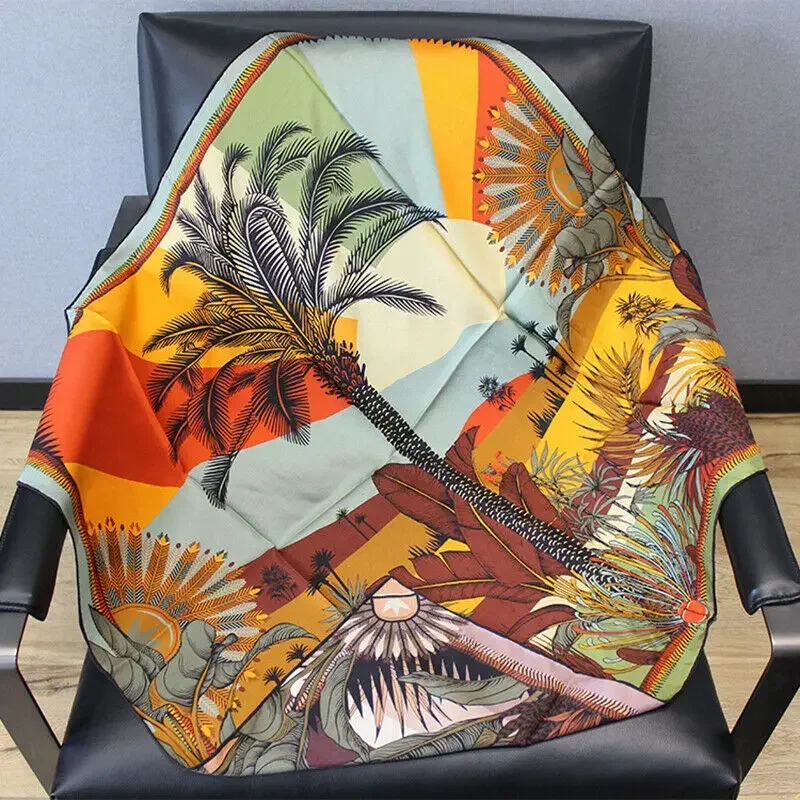 

Luxury 100% Twill Silk Scarf Unisex Man Women Fashion Double-sided Palm Tree Shawl Stole Hijab 90*90cm