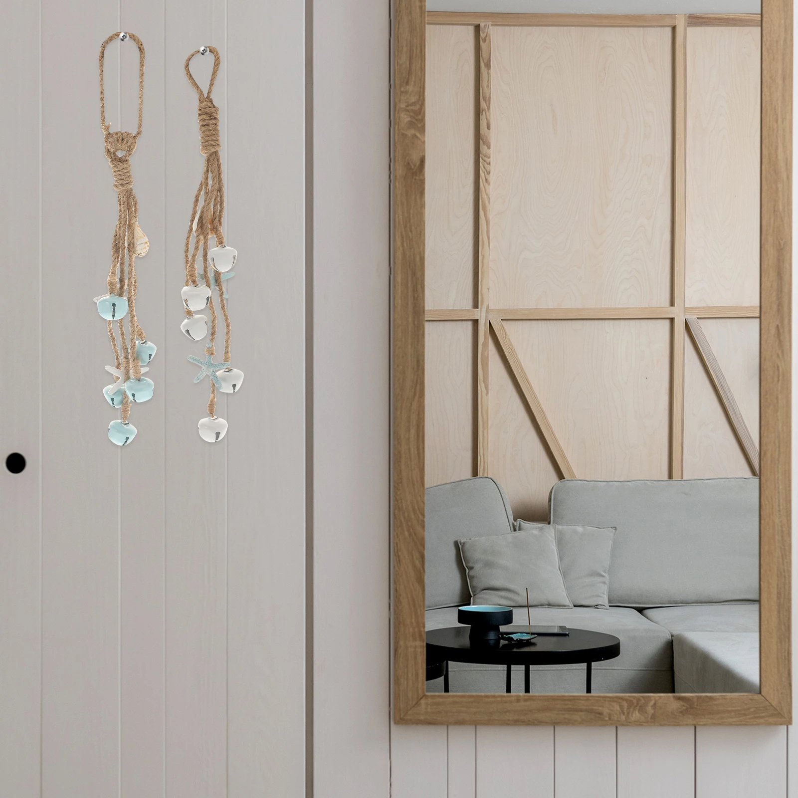 

2Pcs Mediterranean Hemp Rope Bells Sea Star Vintage Marine Hanging Ornament White Sky-Blue Creative Design for Door Room Car