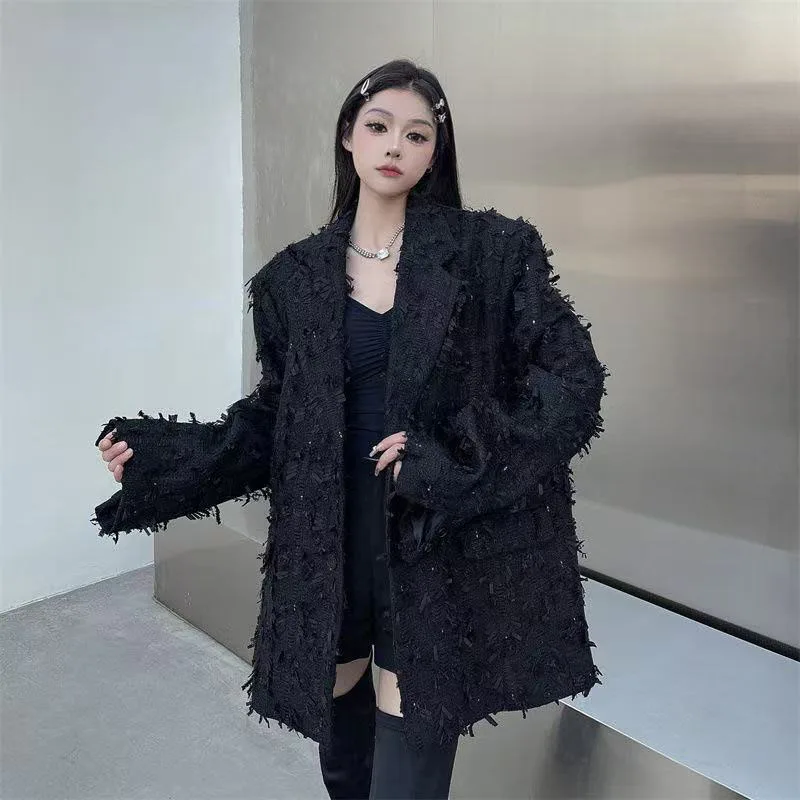 سترة بدلة سوداء منسوجة على طراز الشارع للخريف/الشتاء بدلة كاجوال فضفاضة مع هامش للرجال والنساء