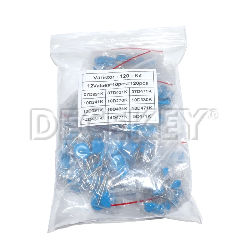 

Набор варисторов (100 шт. = 12 номиналов * 10 шт.): 5D471K, 7D471K, 7D431K, 7D391K, 10D471K, 10D431K, 10D391K, 14D471K, 14D431K, 10D241K