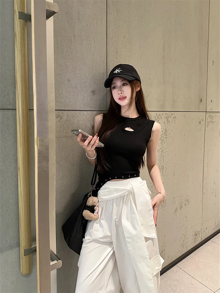 Conjunto dulce de verano para mujer, chaleco con cuello redondo irregular ahuecado, pantalones casuales versátiles de cintura alta, conjunto de dos piezas a la moda