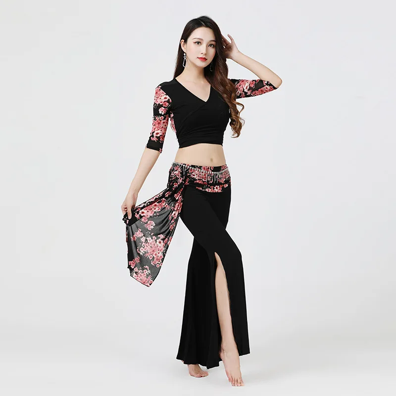 

New Autumn and Winter Belly Dance Floral Practice Suit Large Size Thin Oriental Dance Performance Costume Split Pants