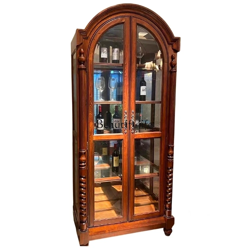 

American-style Solid Wood European-style Retro Arched Home Living Room Wall-mounted Wine Cabinet Glass Cabinet