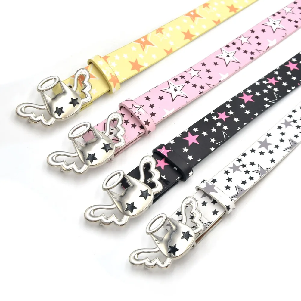 PU Leather Strap Women Waist Belt Casual Pink Bow Decor Star Print Belt Adjustable All Over Star Print Decorative Jean Belt