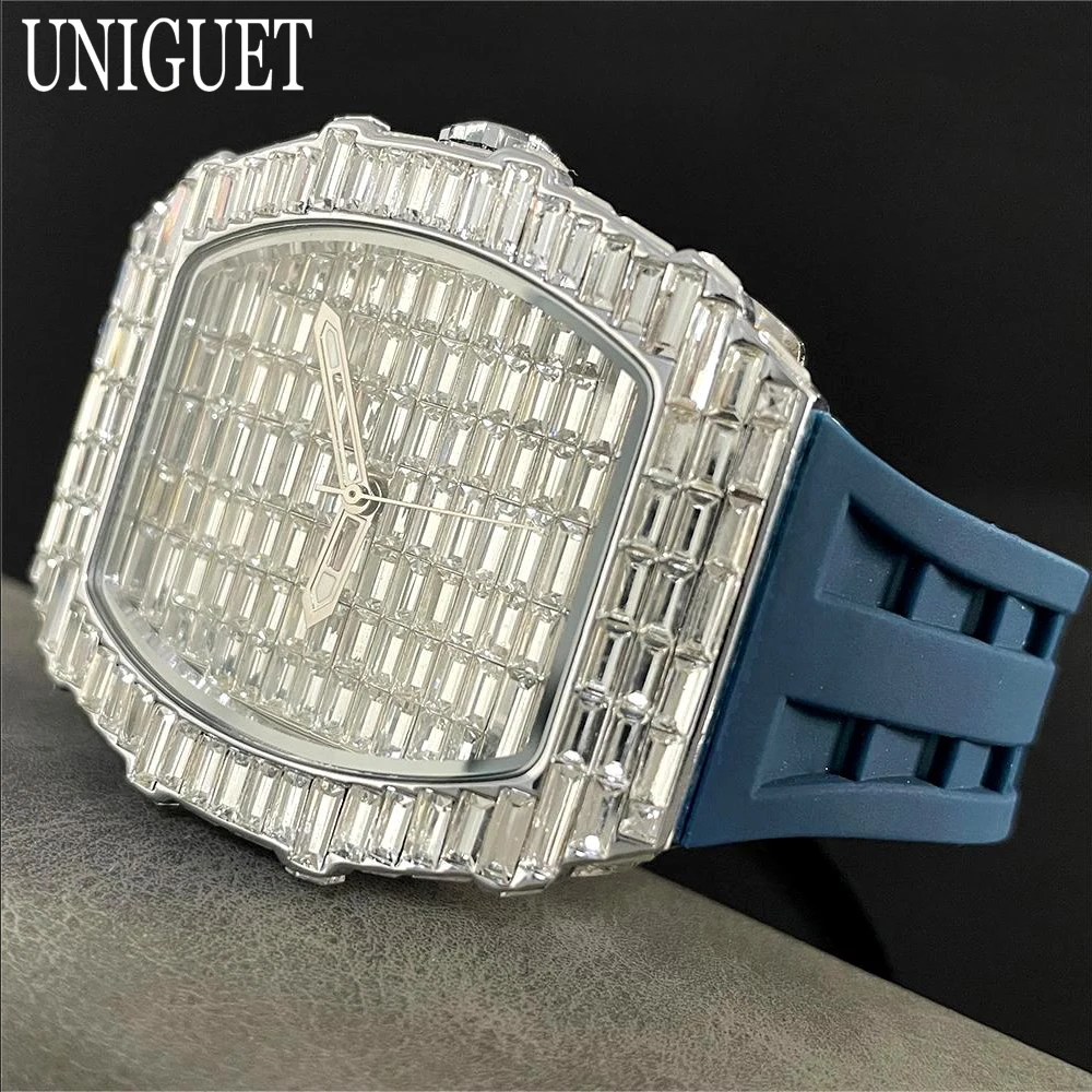 2024 New Iced Watch For Men Brand UNIGUET Lxuxry Steel Quartz Watch Hip Hop Baguette Diamond Tonneau Wristwatch Man Dropshipping