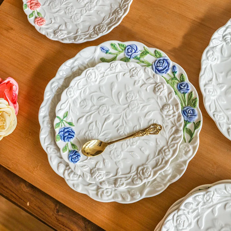 

Rose Pattern Ceramic Dim Sum Plate Household Fruit Platter Relief Art Pattern Elegant Color Good Home Matching Items