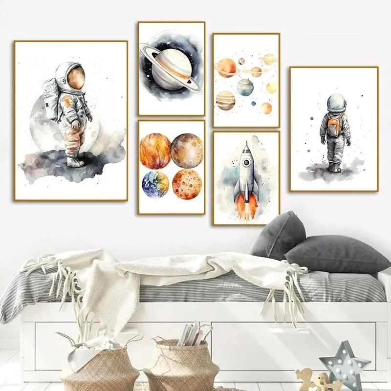 Astronaut Spacecraft Rocket Space Planet Wall Art Canvas Painting Nordic Posters and Pictures for Kids Room Decor