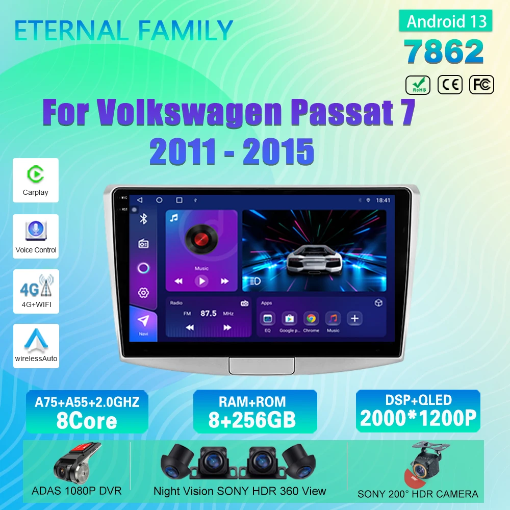 

7862 Android 13 For Volkswagen Passat 7 B7 NMS 2011 - 2015 Car Radio Carplay Multimedia Video Player Navigation 4G No 2Din DVD