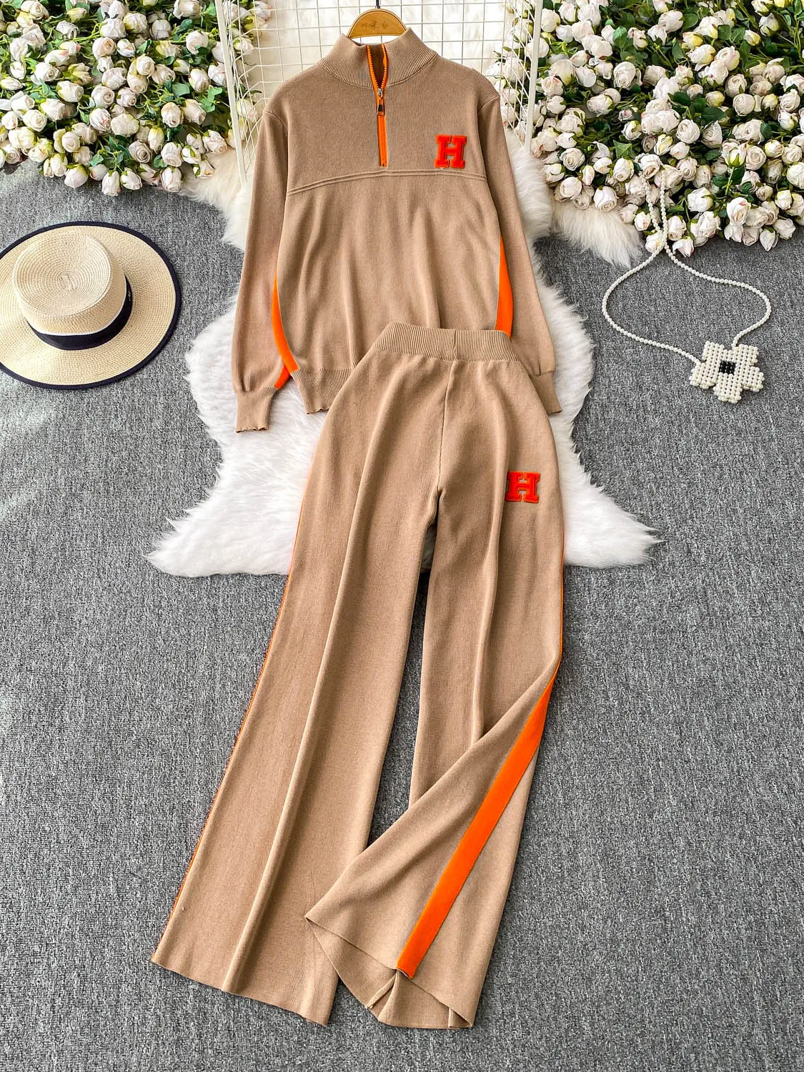 Casual Knitted f-Zipper Stand Collar Women's Faion Set Winter Slimming High Waist Wide Leg Pants Two-Piece Suit Ensemble