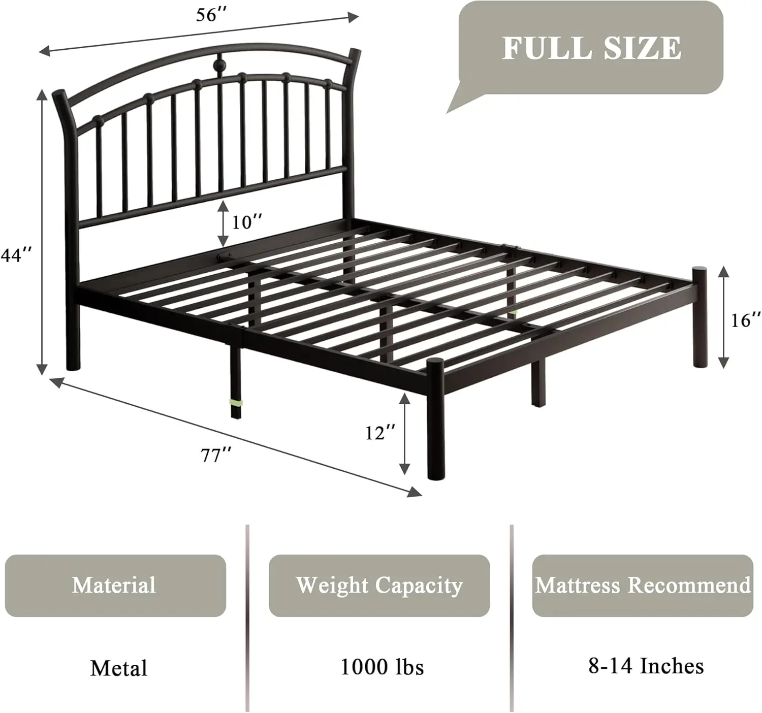 Feonase Full Black Bed Frame, Heavy-Duty Metal Bed Frame with 13 Hardened Steel Slats, 12