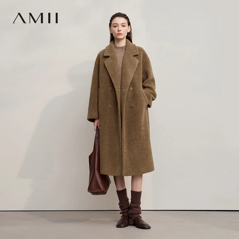 Amii Cappotto di Pelliccia Donna 2025 Inverno Nuovo Minimalista Doppio Petto Pelliccia Giubbotti Per La Donna Allentato Caldo Versatile Cappotto di Pelliccia Lungo 12524034