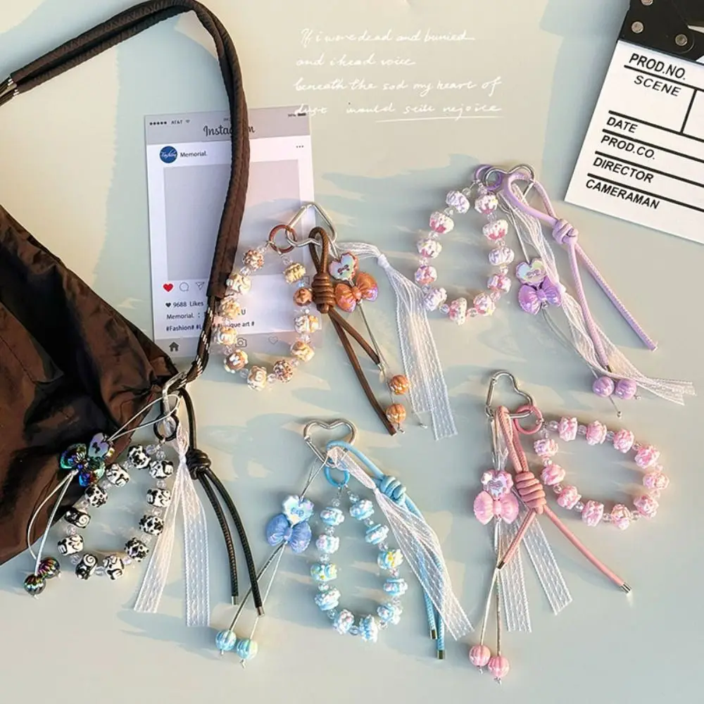 New Bowknot Leather Rope Keychain Beaded Rope Mobile Phone Lanyard Hand-painted Y2K Bag Charms Gifts
