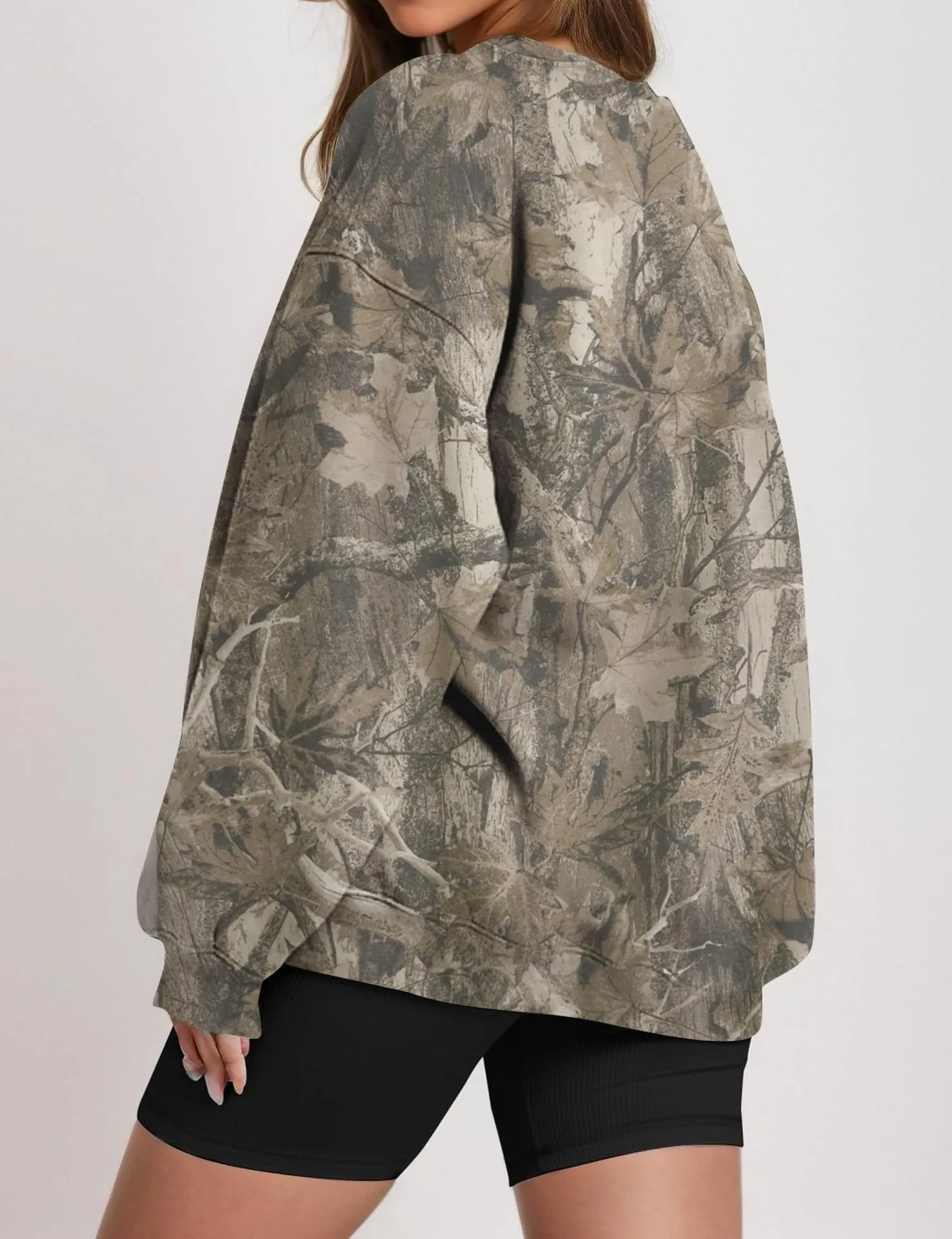 Printed Loose Fit Hoodie with Plant Floral Pattern Mid Length Streetwear No Hood Casual Long Sleeve Pullover Women Hoodie