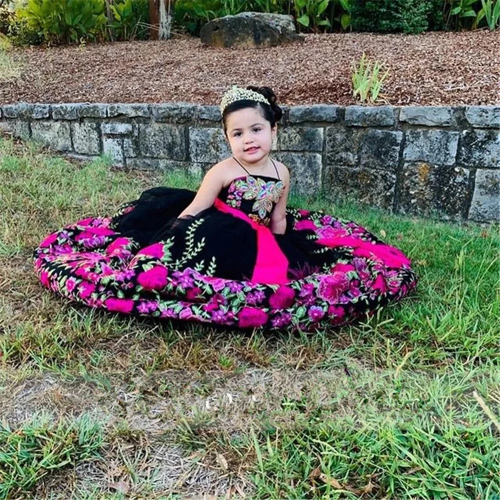 Bordado Applique Crianças Princesa mini vestidos quinceanera preto Pageant Flower Girl Birthday Dress Mexicano charro