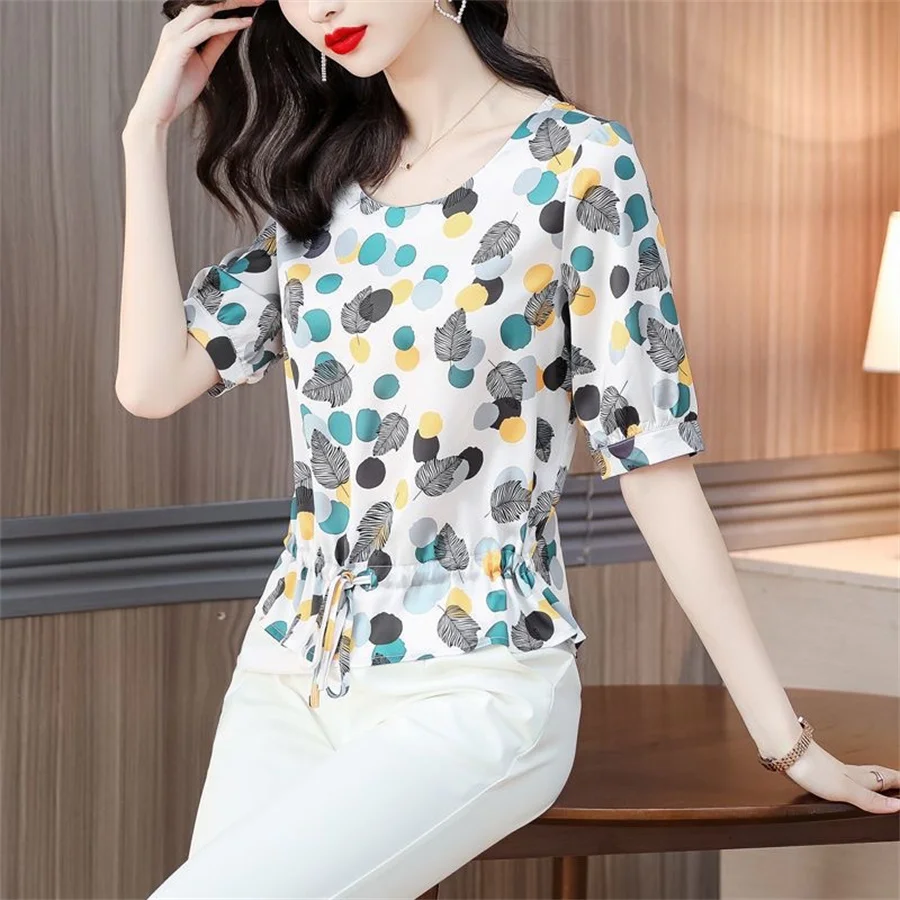 Woman Summer Style Blouses Shirts Lady Casual Short Sleeve O-Neck Polka Dot Printed Blusas Tops DF4585