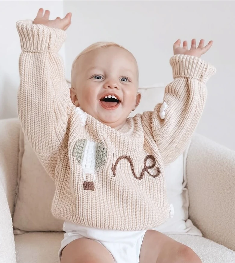 Winter Newborn Boy Birthday Sweater Casual Letter Embroidery Warm Knitted Long Sleeve Pullover Sweaters Knitwear for Toddler