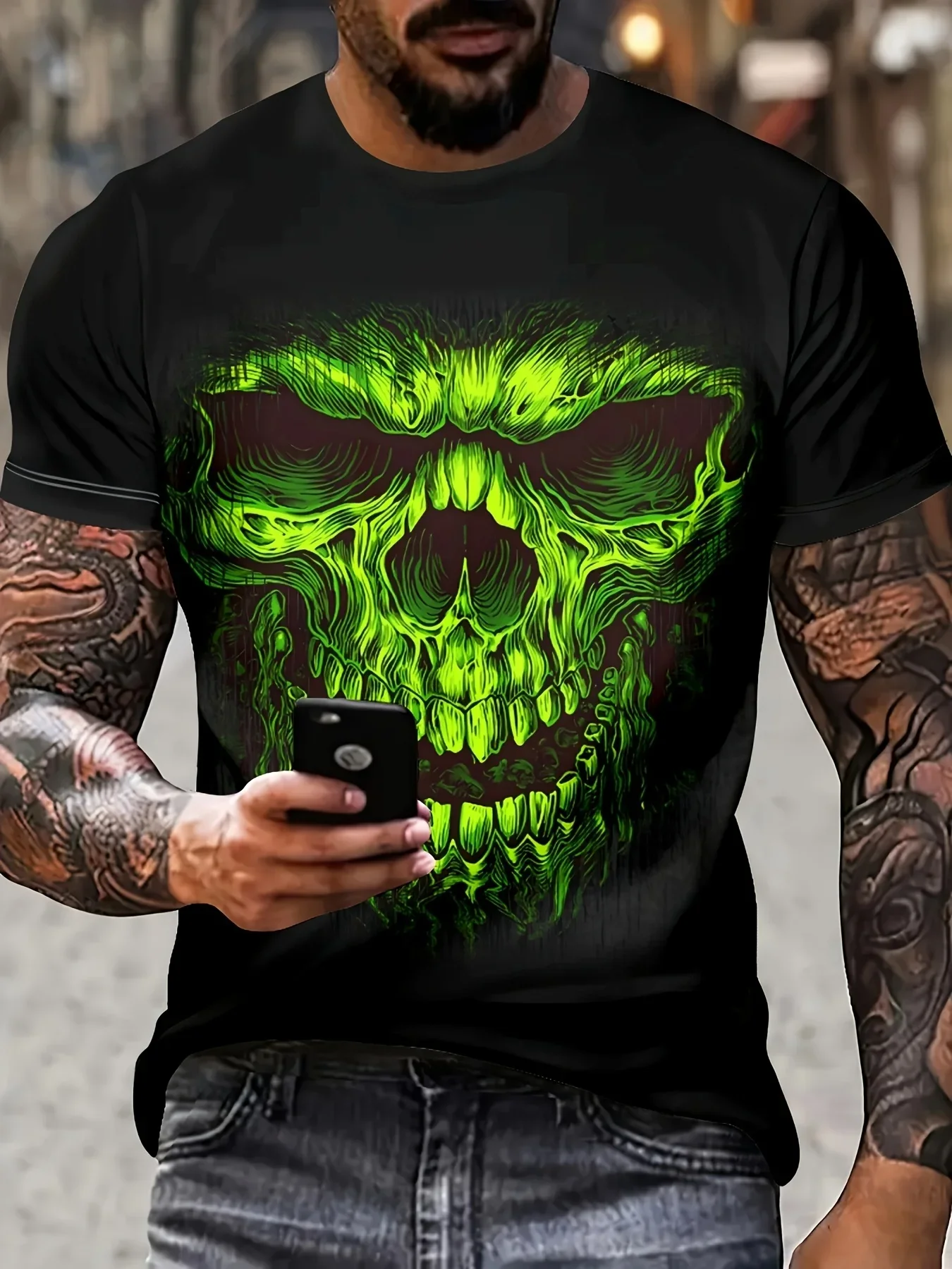 Men's 3D Print Green Flame Grim Reaper Skull Lantern Short Sleeve T-Shirt Dark Gothic Halloween Casual Novelty Streetwear Tops