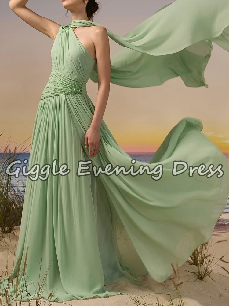 セージグリーンアラビアプロムドレスケープスリーブビーズプリーツフォーマルパーティードレス女性のドレープシフォンAラインイブニングドレスカスタマイズ