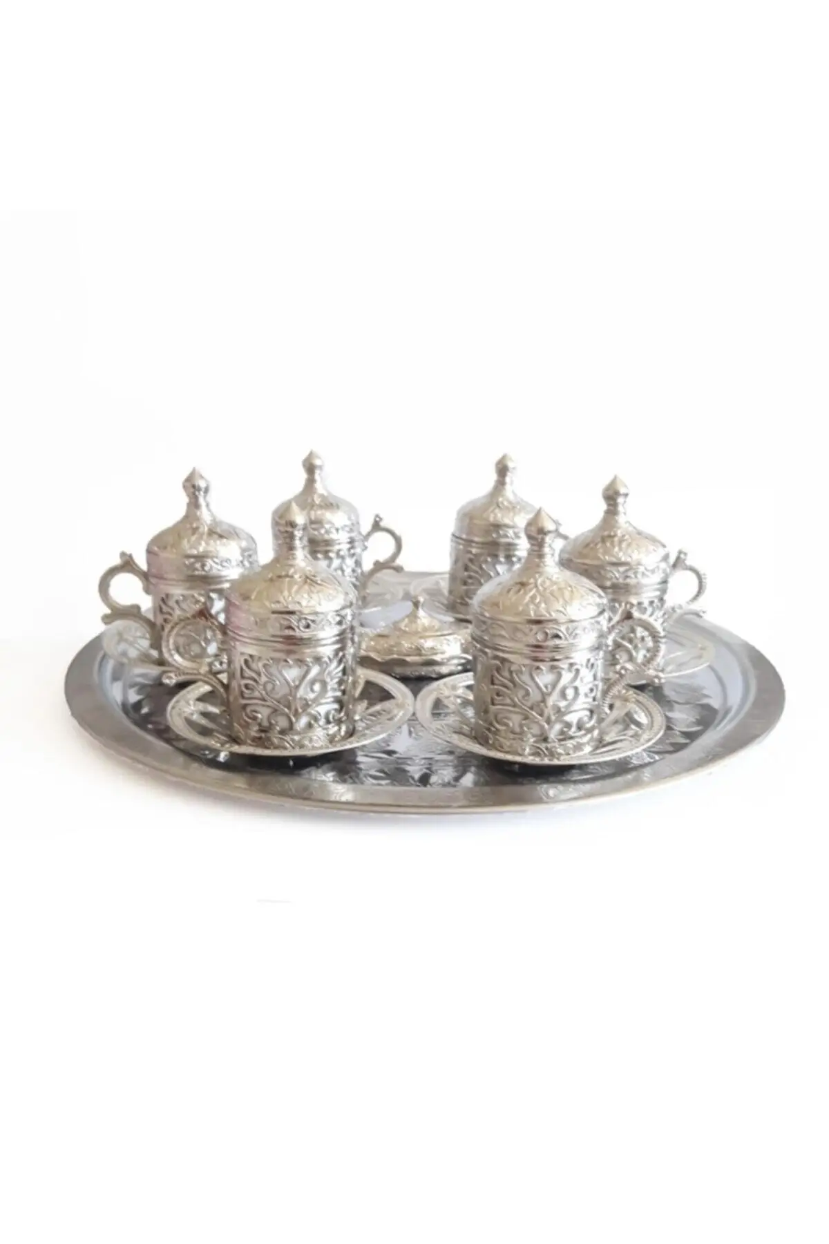 6 personality Silver-Copper Ottoman Patterned Turkish coffee Cup Pad-Tray Lokum Cup Set