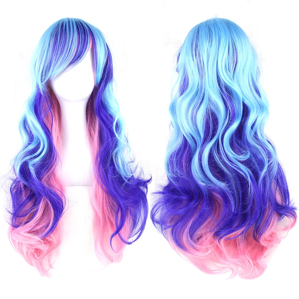 Soowee 70cm Long Curly Synthetic Hair Women's Wigs Pink To Purple Ombre Wigs-female Color Rainbow False Hair Cosplay Wig