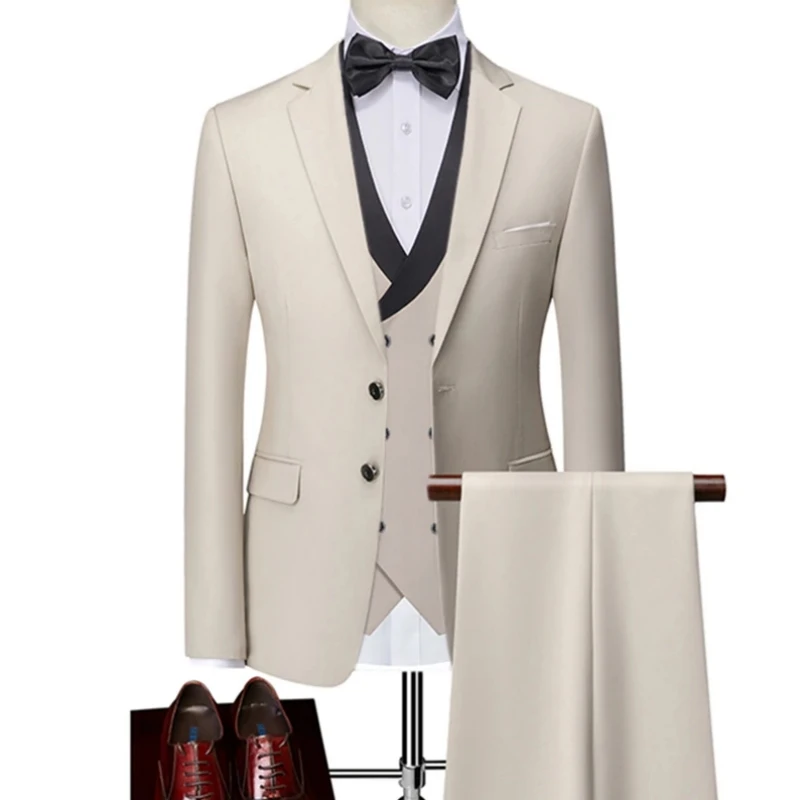 

Lansboter Beige Men Suit 3 Pieces White Solid Double Button Slim Fit Wedding Banquet Jacket Vest With Pants