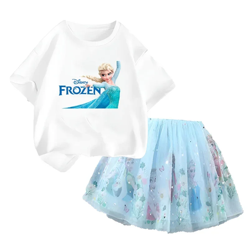 Disney Frozen Elsa Pretty T Shirt and Mesh Skirt Two Piece Tutu Skirt 2024 Summer Fashion Girl 3-14 Year Children Party Clothing