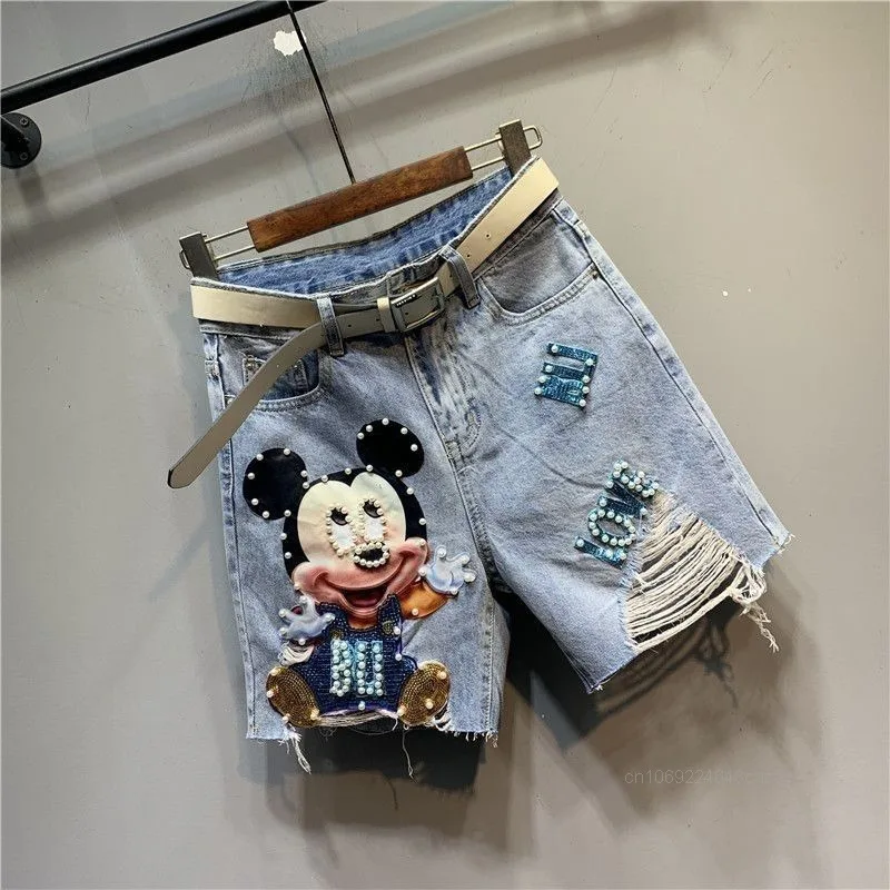 Disney Cartoon Mickey Stickers Beads Holes Denim Shorts Women's Trend Versatile Light Colored Jeans Korean Version Unique Shorts