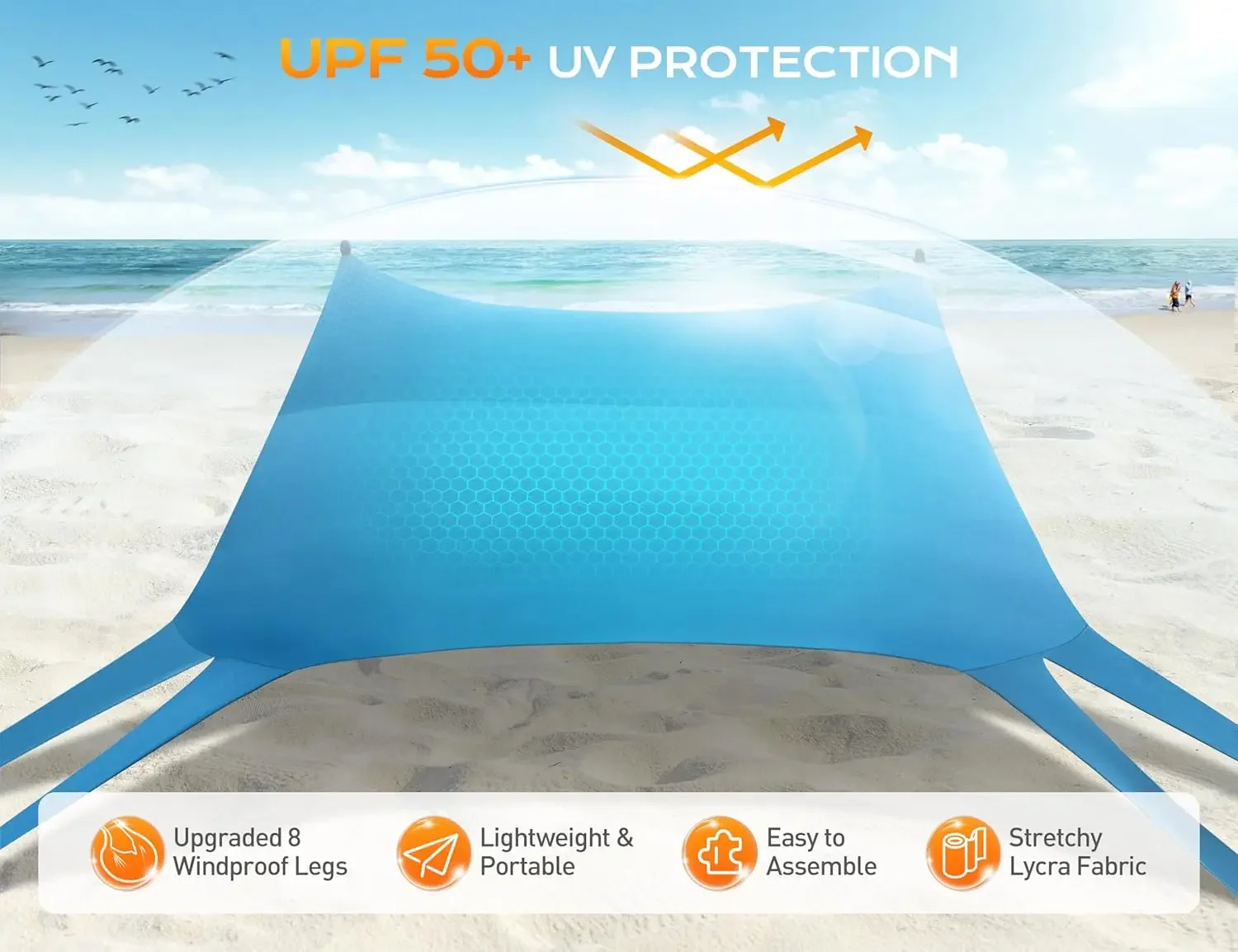 Beach Canopy UPF50+ UV Protection, 10x10ft Beach Shade Sun Shelter with 8 Sandbags, Sand Shovels, Ground Pegs,