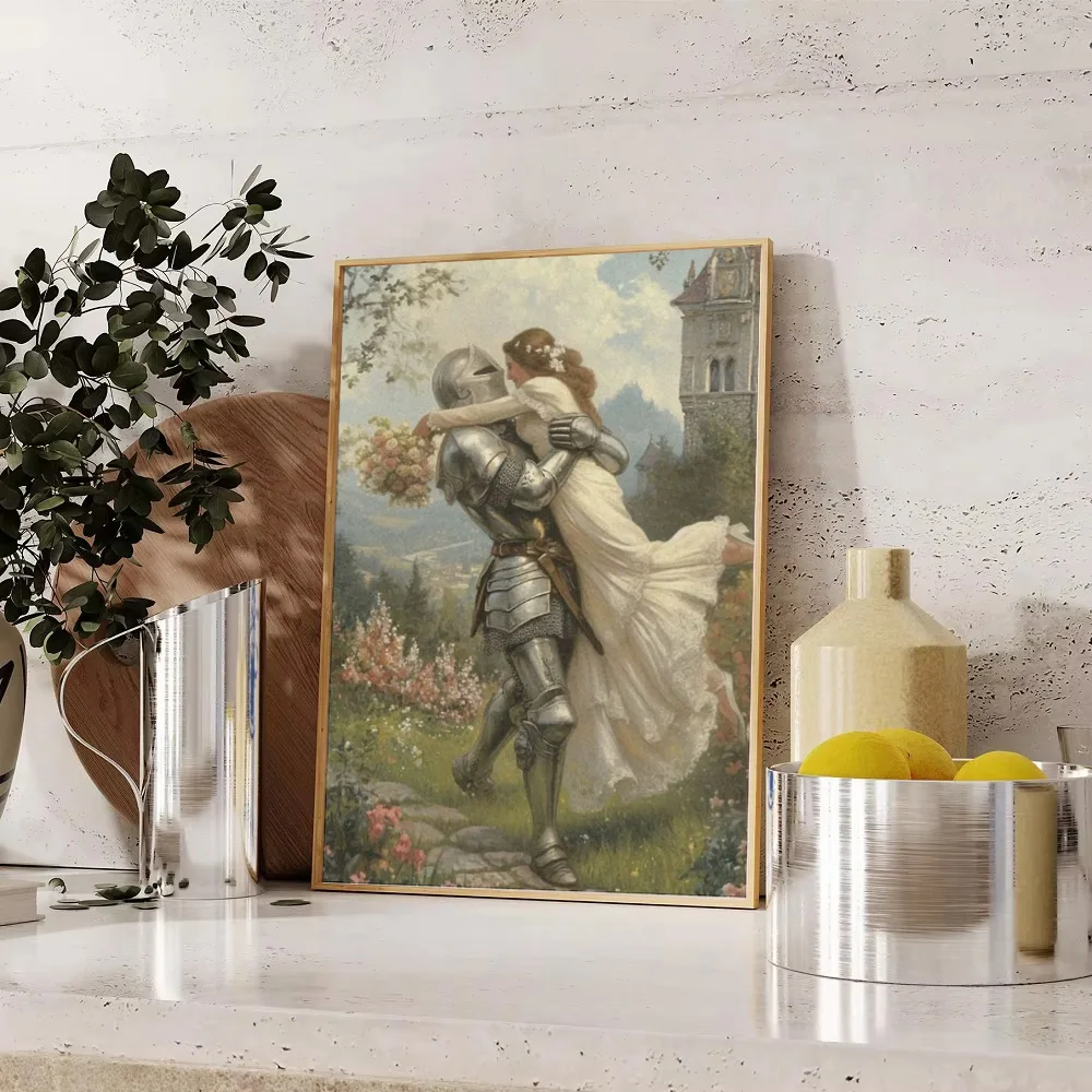رومانسية القرون الوسطى فارس زوجين قماش جدار الفن القرون الوسطى الخيال صورة ديكور المنزل هدية