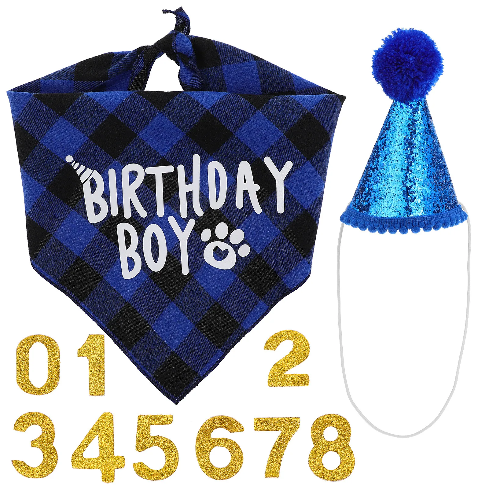 Party Hat Cone - 1セットの犬用誕生日バンダナセット、格子柄のバンダナ、キラキラ輝くパーティーコーンハット、犬猫子犬の誕生日用の数字デコレーション付き