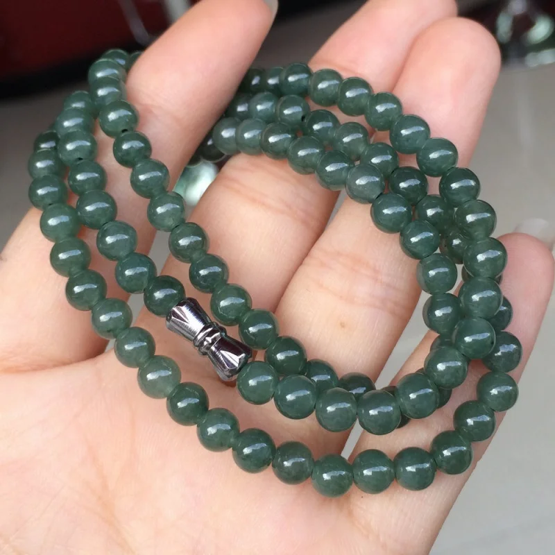 Burma Jadeite Mine Timber Oil Green round Beads Necklace Women's Sweater Chain Bracelet Pendant Lanyard