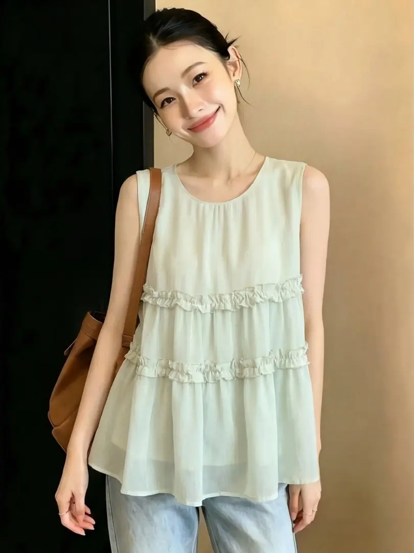 

Loose round Neck Sleeveless Patchwork Vest Shirt Women Summer Casual Wear Breathable Comfortable Lurex Polyester Blend
