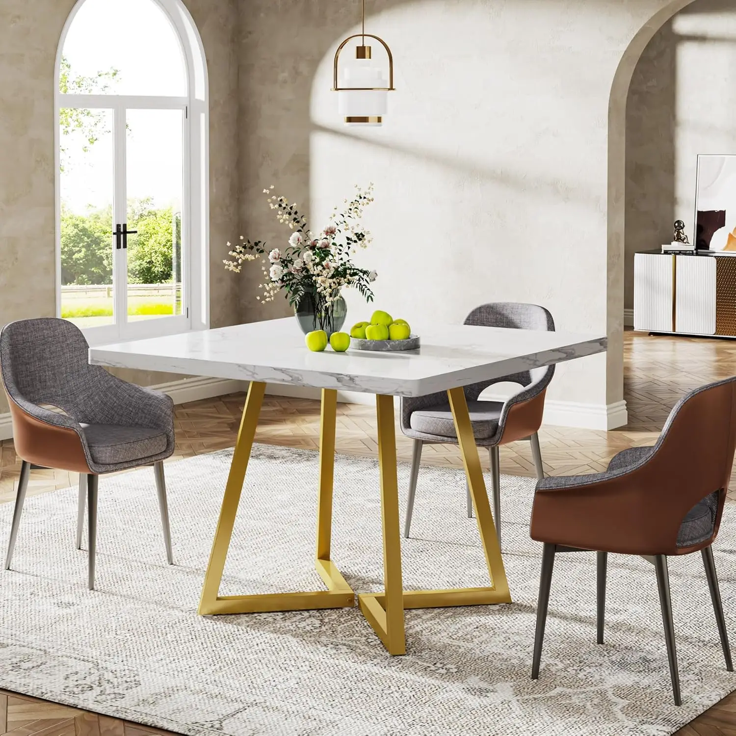 Modern 31.5' Square Dining Table for 2, White & Gold Metal Base, Small Space Kitchen or Apartment Use