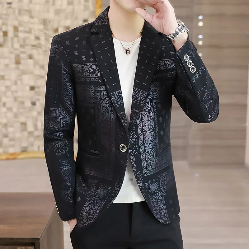 

T129 Luxury Party Prom Men's Floral Design Contrast Collar Dress Dinner Blazer