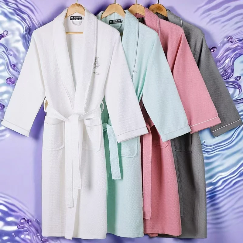 Women's Long Cotton Waffle Bathrobe, Thin Morning Robe, Hotel, Beauty Salon, Women Sleepwear, Sexy Pajamas, Spring, Summer