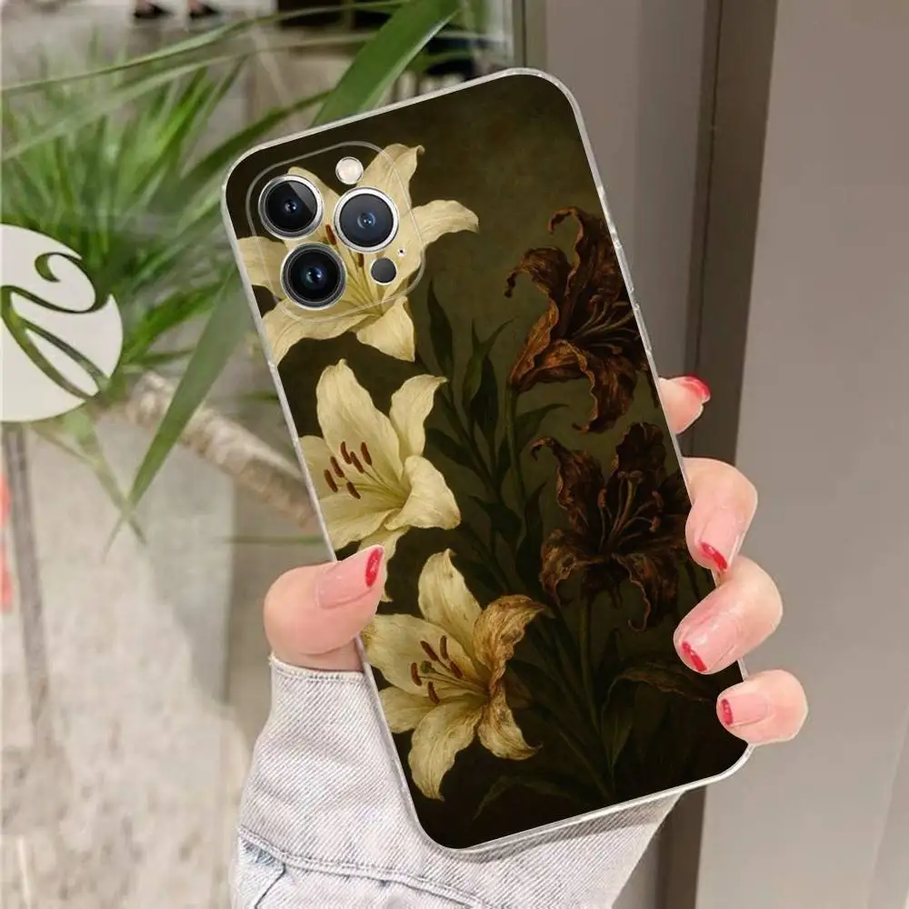 유화 백합 꽃 무늬 아이폰 16 15 프로맥스 폰 케이스 아이폰 14 11 12 고급 13 프로 실리콘