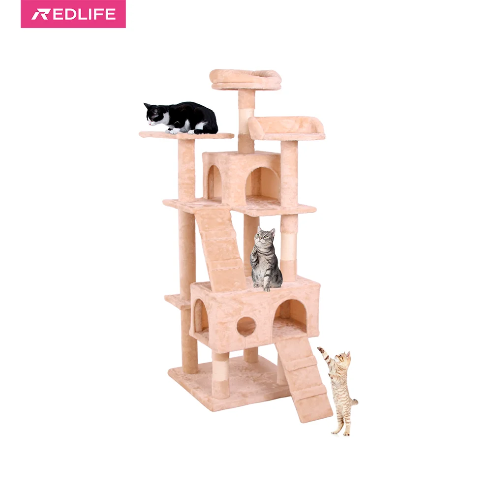 Redlife Multi-Level Cat Tower with Hammock and Scratching Posts for Kittens Tall Cat Climbing Stand with Plush Toys  ,light pink