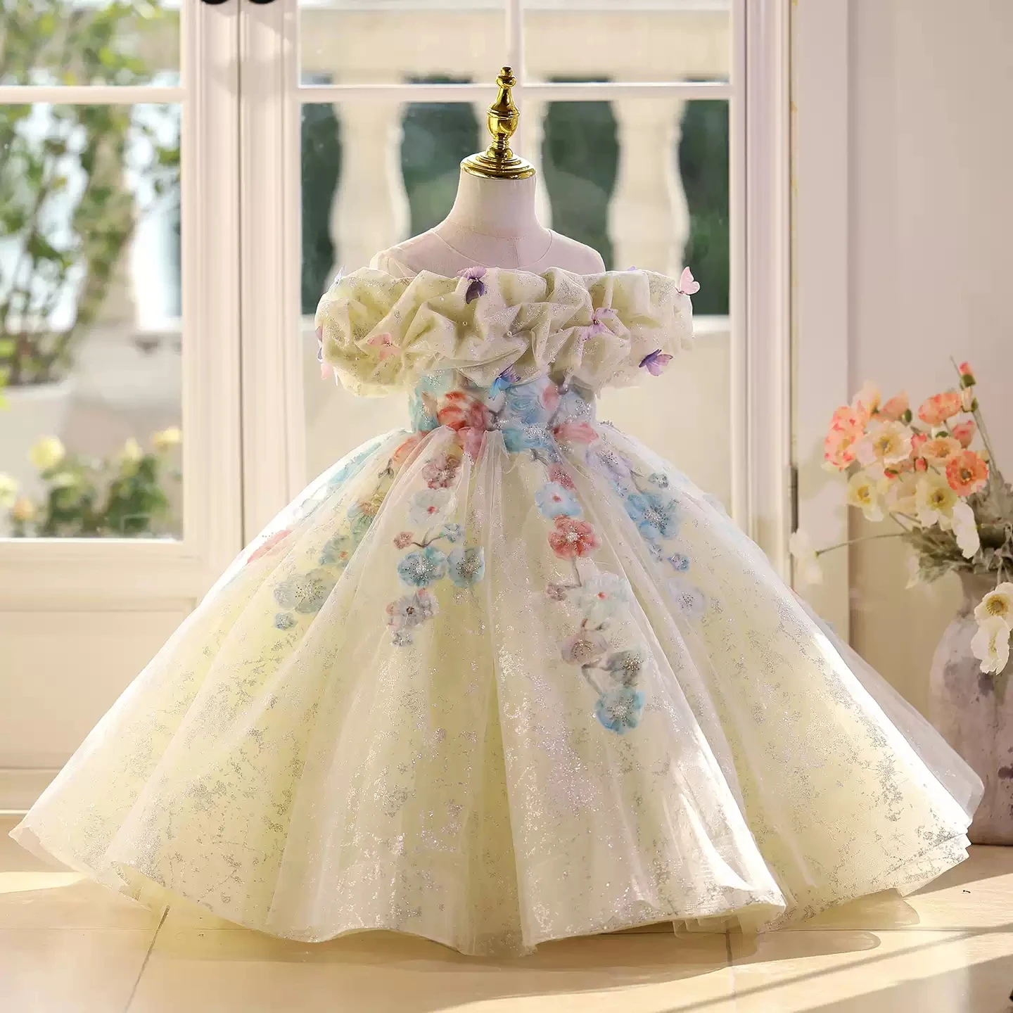 Luxurious and elegant girl one-shoulder long wedding dress high-end party evening dress 3-10-year-old girl theme event clothing