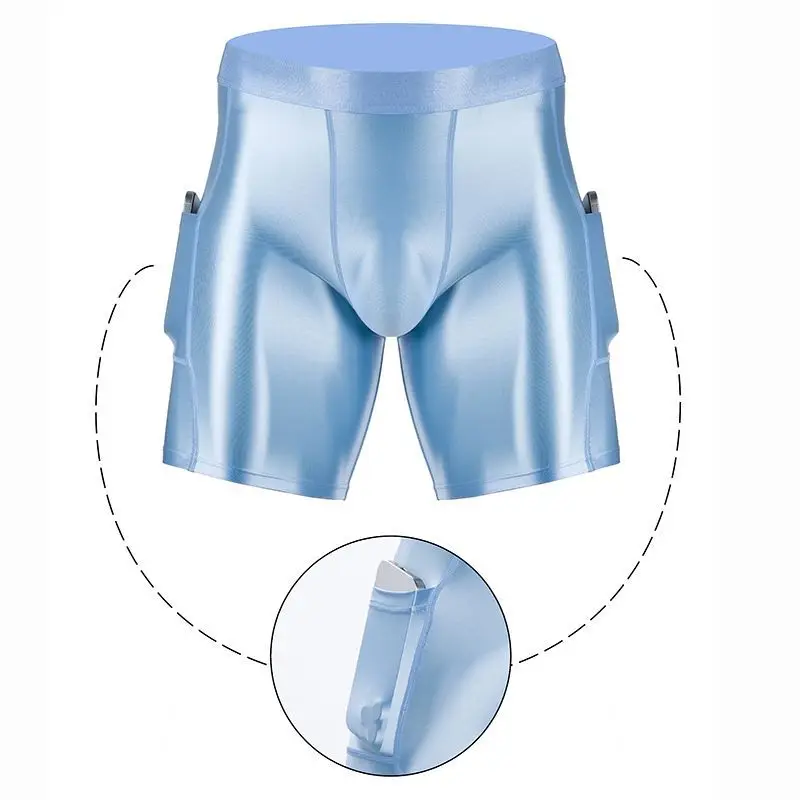 Glossy Silky Sports Men Shorts With Pockets Quick Dry Fitness Training Compression Elastic Workout Shorts