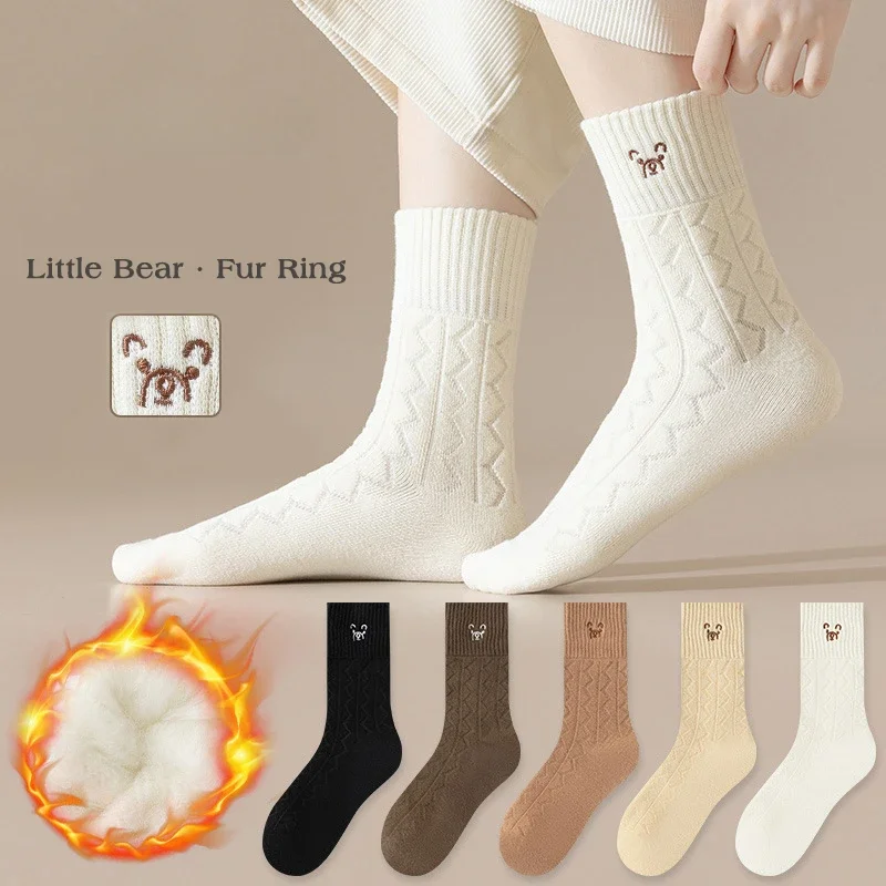 

Winter Warm Thicken Little Bear Socks Cartoon Bear Embroidery Long Women's Mid-Tube Sleeping Floor Stockings Soft Snow Hosiery