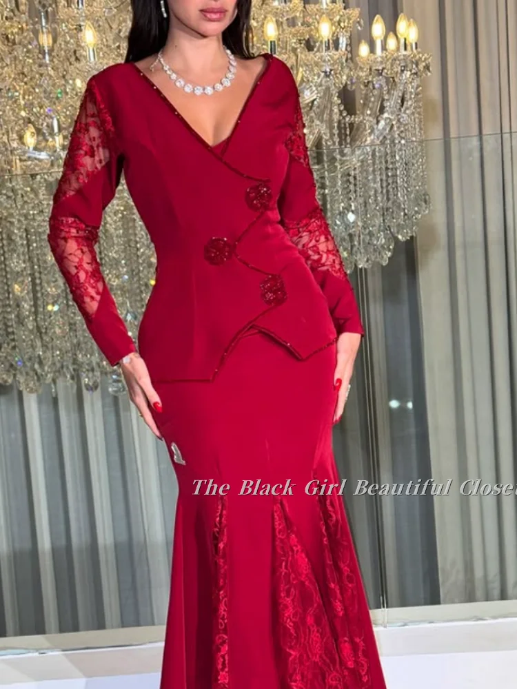 

Великолепное красное вечернее платье с V-образным вырезом на заказ, арабское платье с длинным рукавом и жакетом, аппликация из бисера, кружево в стиле пэчворк, рыбий хвост, подол, Ближний Восток