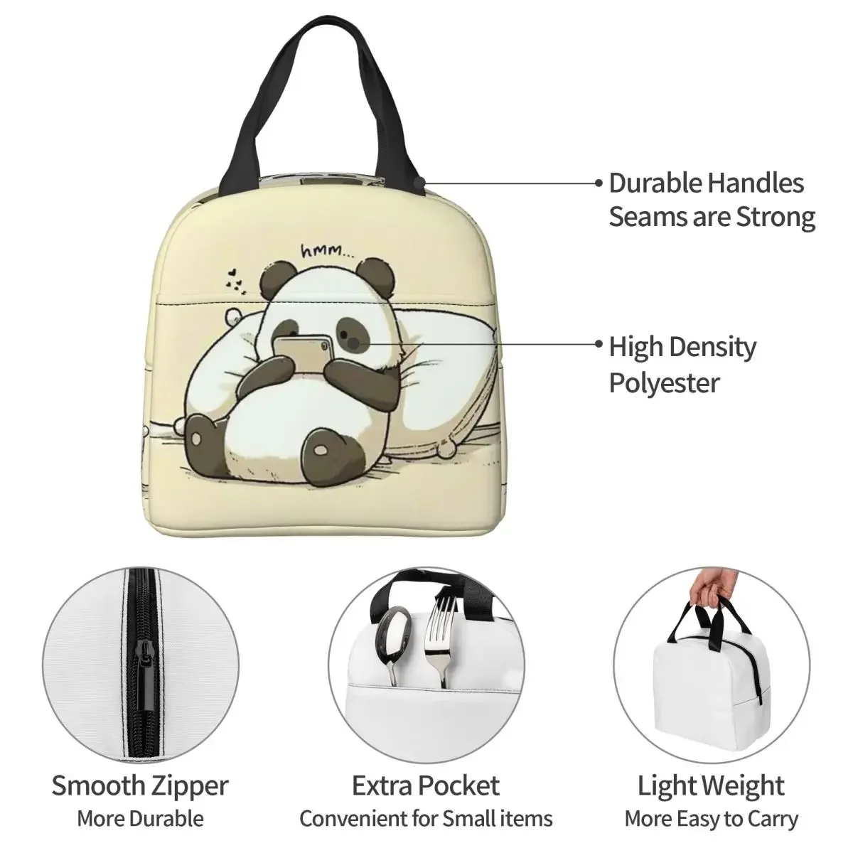 Cartoon Panda Playing With Mobile Phone Insulated Lunch Bag for Women Kids Portable Food Boxes Thermal Lunch Box Tote