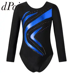 Collant de dança ballet para meninas, macacão de ginástica rítmica, manga longa, strass brilhante, patinação artística, bodysuit ioga, roupas dançantes para crianças